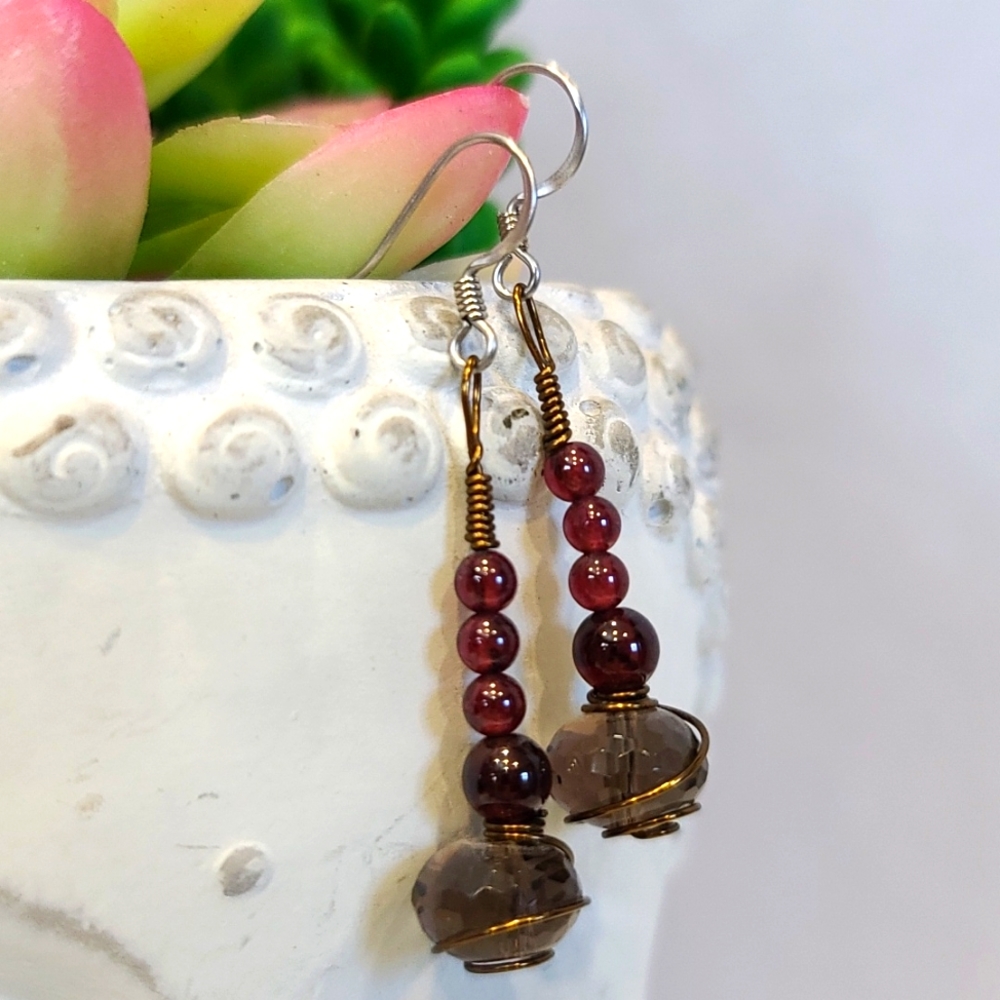 Smokey Topaz & Garnet Earrings